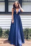 Deep V-Neck Floor-Length Royal Blue Taffeta Prom Dress with Pockets PG465 - Pgmdress