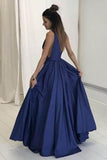 Deep V-Neck Floor-Length Royal Blue Taffeta Prom Dress with Pockets PG465 - Pgmdress