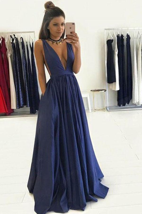 Deep V-Neck Floor-Length Royal Blue Taffeta Prom Dress with Pockets PG465 - Pgmdress