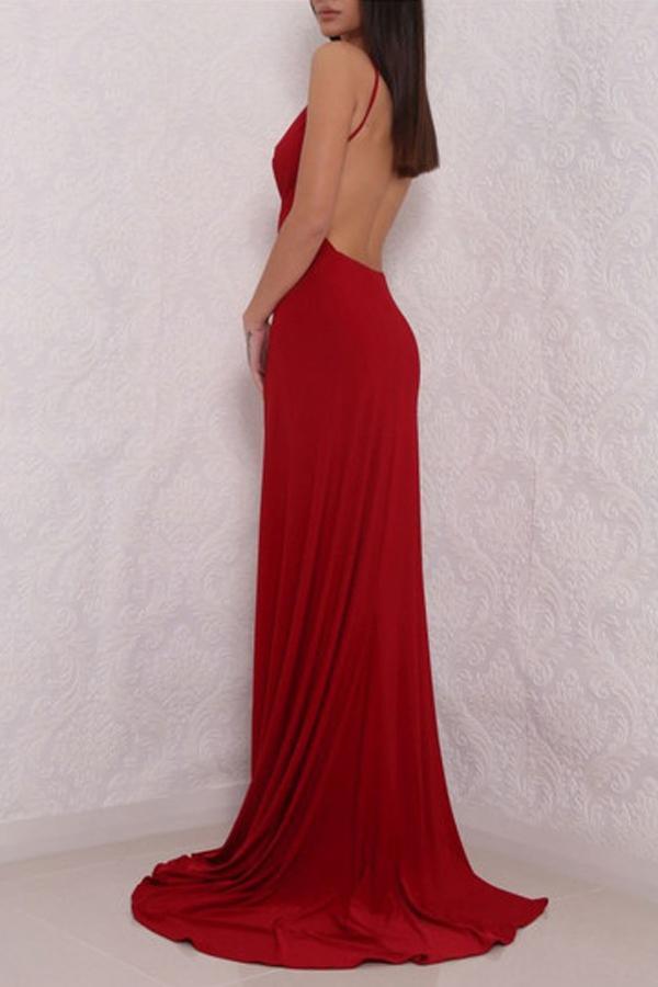 Deep V Neck High Slit Backless Red Prom Dresses Evening Dresses PG466 - Pgmdress