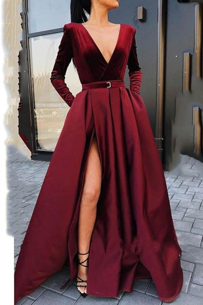 Deep V Neck Long Sleeves Burgundy Long Prom Dress PG812 US10 / Custom Color