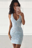 Deep V-Neck Sleevelss Short Light Blue Lace Homecoming Dress  PD294