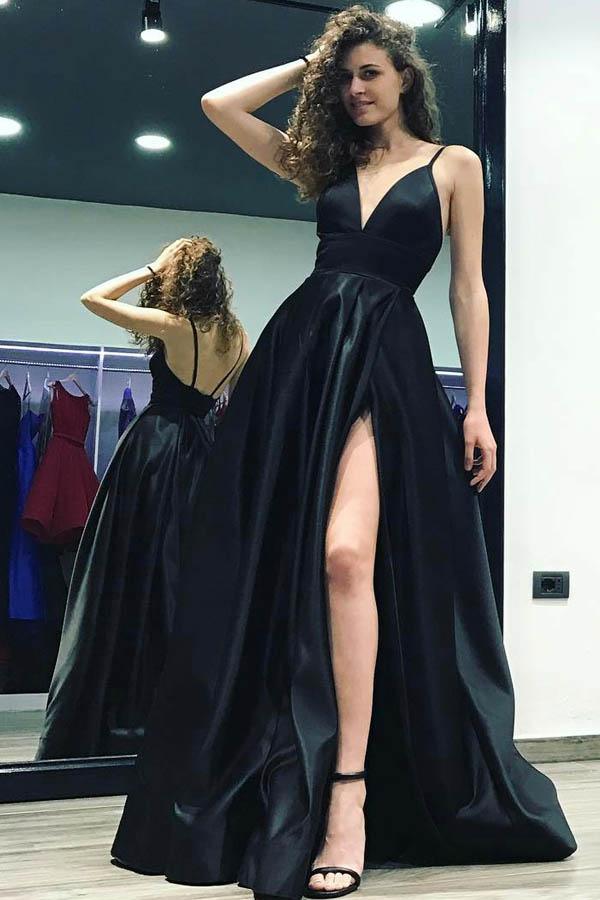 Deep V-Neck Split Side Black Sweep Train Satin Backless Prom Dress PG478 - Pgmdress