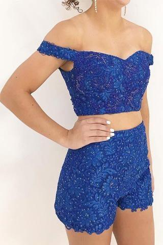 Detachable Two Pieces Royal Blue Lace Off Shoulder Prom Dress PG557 - Pgmdress