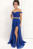 Robe de bal deux pièces détachable en dentelle bleu royal à épaules dénudées PG557