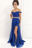 Detachable Two Pieces Royal Blue Lace Off Shoulder Prom Dress PG557