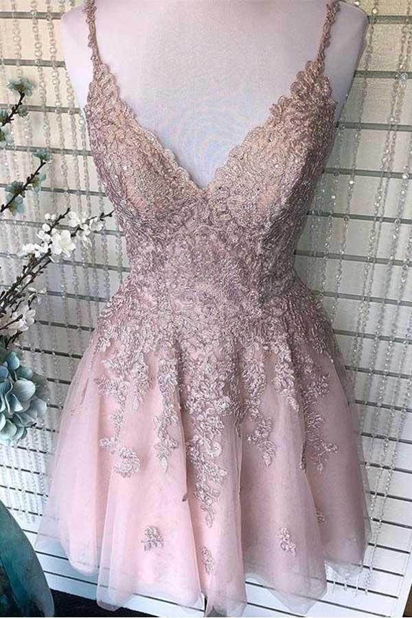 Dusty Blush Tulle Spaghetti Straps V-Neck A-Line Homecoming Dress PD359 - Pgmdress