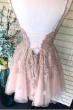 Dusty Blush Tulle Spaghetti Straps V-Neck A-Line Homecoming Dress PD359 - Pgmdress