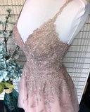 Dusty Blush Tulle Spaghetti Straps V-Neck A-Line Homecoming Dress PD359 - Pgmdress