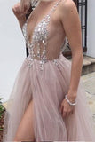 Dusty Pink Sparkly V Neck A Line Tulle Long Prom/Evening Dress PG875 - Pgmdress