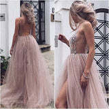 Dusty Pink Sparkly V Neck A Line Tulle Long Prom/Evening Dress PG875 - Pgmdress