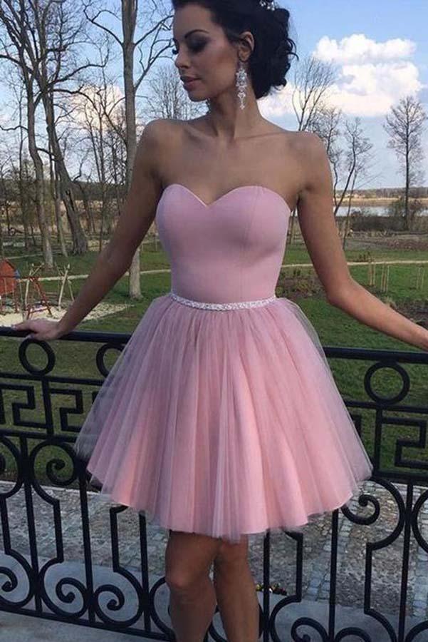 Dusty Pink Tulle Sweetheart Strapless With Beaded Sash Homecoming Dresses PD341 - Pgmdress