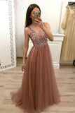 Dusty Rose Tulle Beaded Long Prom Dress with Lace Up Back PG843