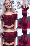 Eleagnt Two Piece Off the Shoulder Mermaid Burgundy Long Prom Dress PM240
