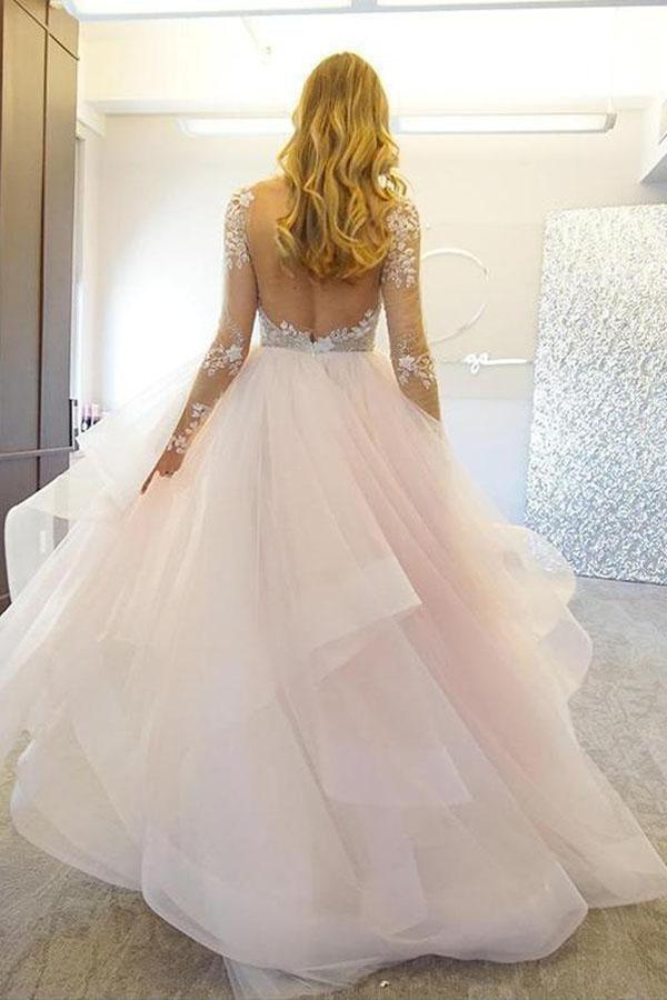 Elegant A-Line Long Sleeves Tulle Wedding Dresses With Appliques WD036 - Pgmdress