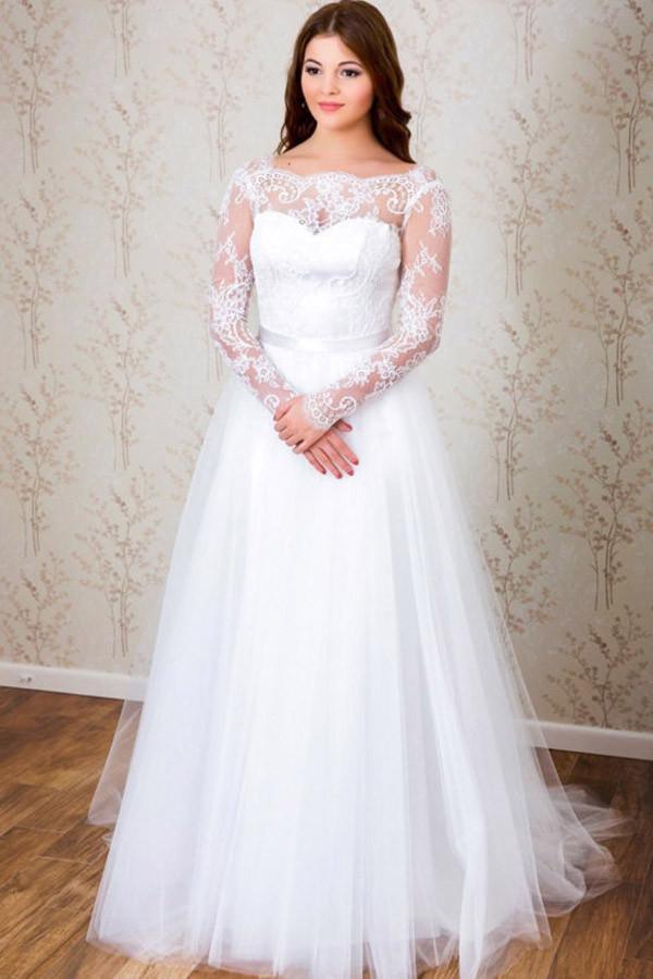 Elegant A-line Long Sleeves White Lace Wedding Dress Bridal Gowns WD112 - Pgmdress
