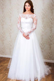 Elegant A-line Long Sleeves White Lace Wedding Dress Bridal Gowns WD112