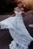 Elegant A-Line Off Shoulder White Tulle Wedding Dress with Appliques  WD337