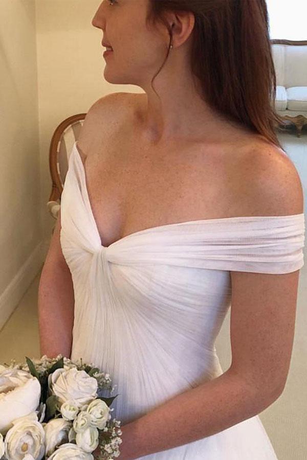 Elegant A-line Off the Shoulder Tulle Ivory Long Wedding Dresses WD326 - Pgmdress