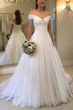 Elegant A-line Off the Shoulder Tulle Ivory Long Wedding Dresses  WD326