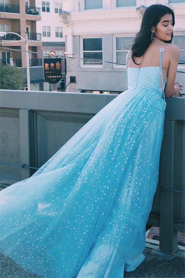 Elegant A-Line Straps Light Blue Long Prom Dress with Stars PSK129 - Pgmdress
