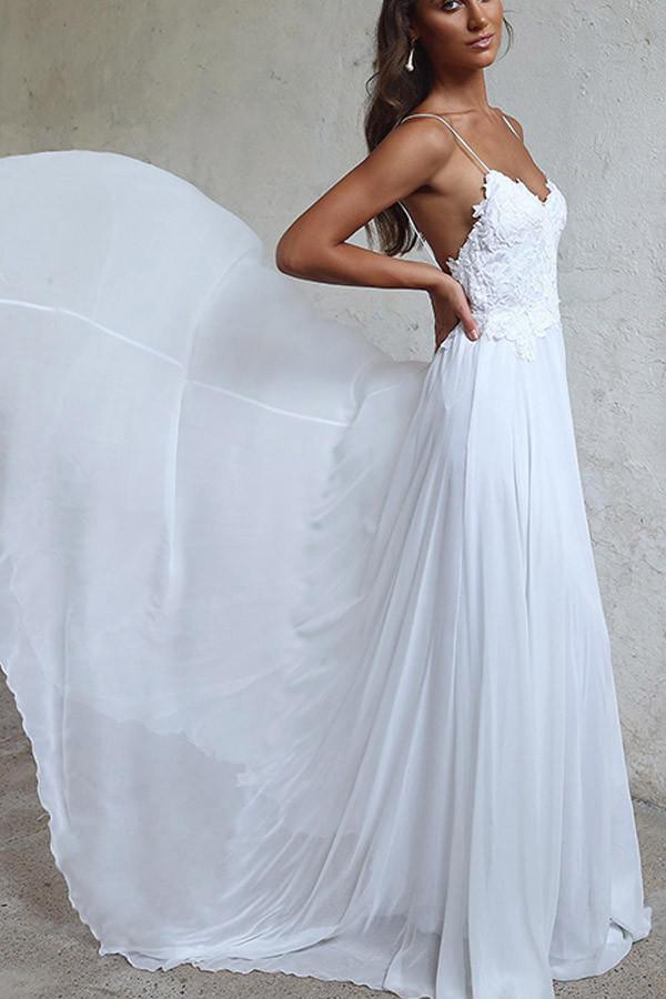 Elegant A-line Straps White Long Chiffon Beach Wedding Dress WD102 - Pgmdress