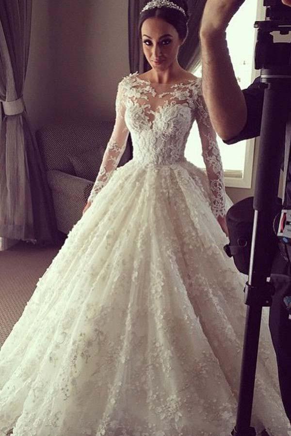 Elegant Ball Gown Lace Long Wedding Dress with Long Illusion Sleeves WD280 - Pgmdress