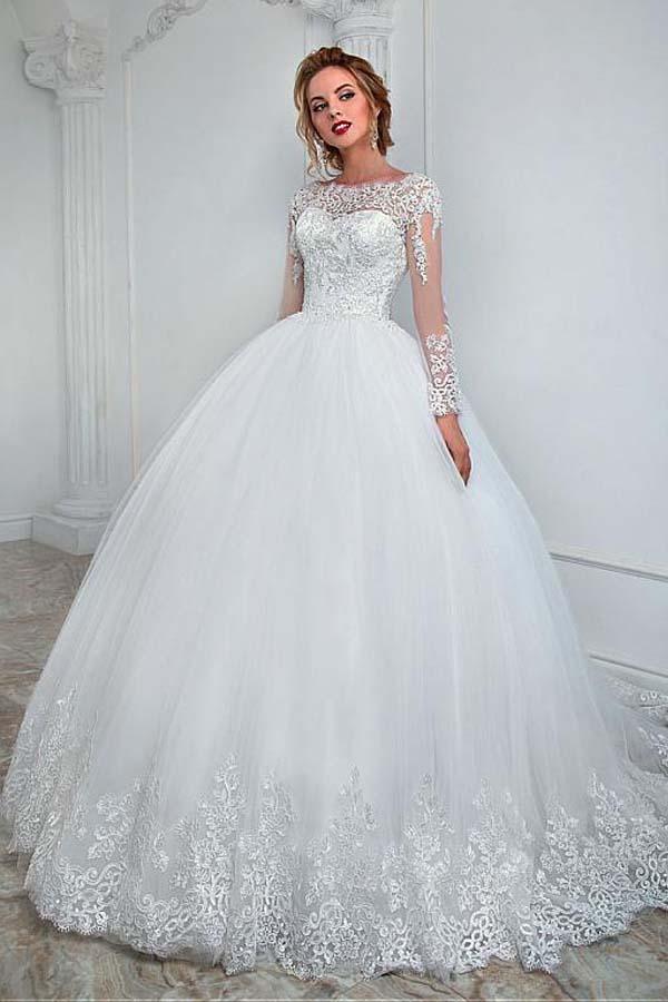 Tulle Bateau Long Sleeve Ball Gown Wedding Dress With Lace Appliques