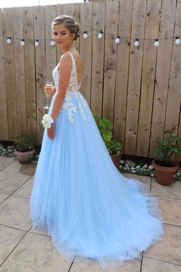 Elegant Blue Tulle A line V neck Lace Long Prom Dresses Formal Dresses PG848 - Pgmdress