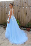 Elegant Blue Tulle A line V neck Lace Long Prom Dresses Formal Dresses PG848 - Pgmdress