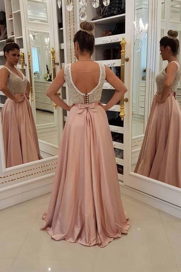 Elegant Blush Pink Long Prom Dresses Unique Pearls Bodice Evening Dress PG841 - Pgmdress