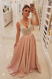Elegant Blush Pink Long Prom Dresses Unique Pearls Bodice Evening Dress  PG841