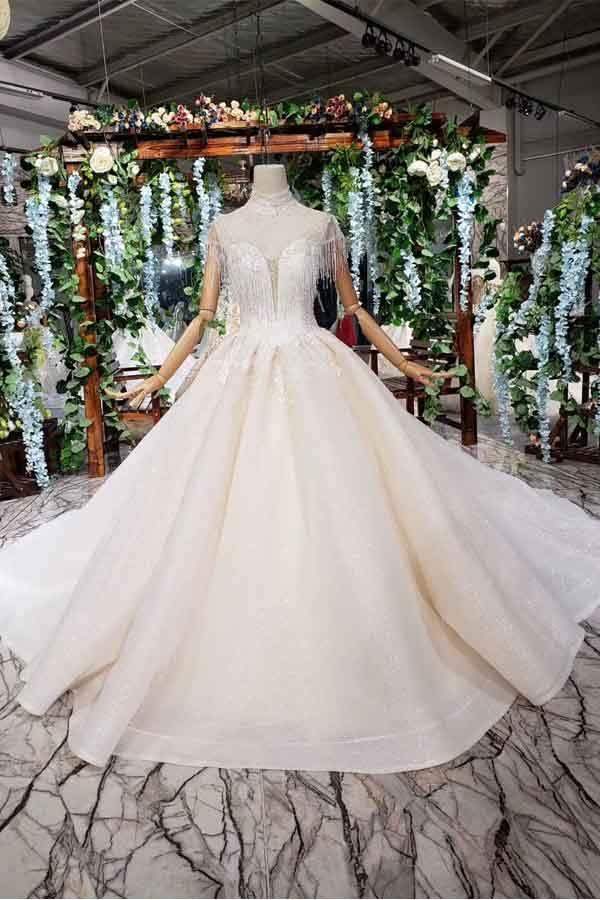 Elegant Cap Sleeves Ball Gown Beading High Neck Wedding Dress WD378 - Pgmdress