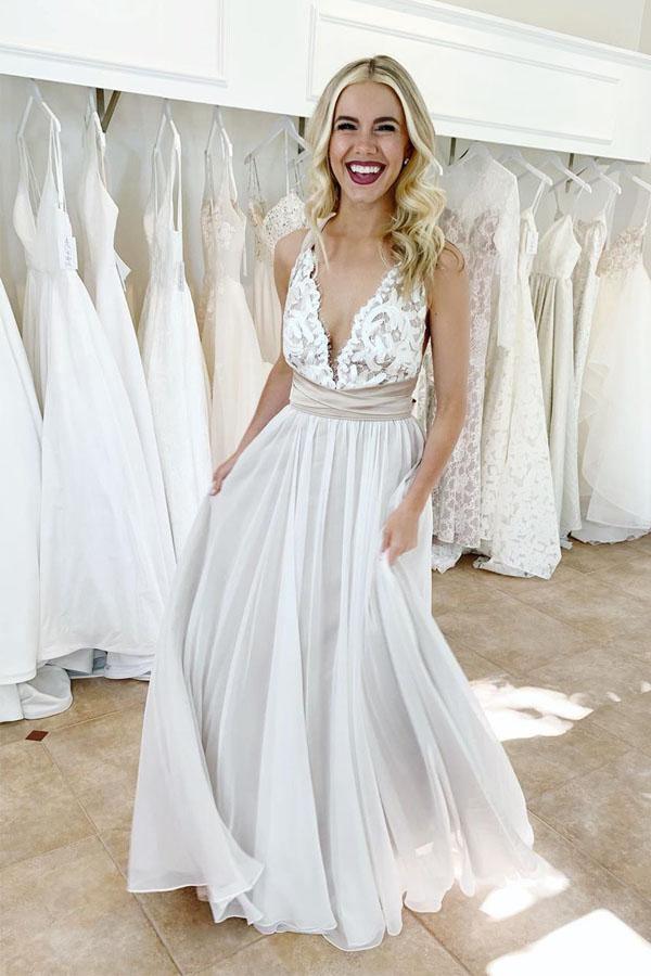 Elegant Criss Cross Deep V-Neck Wedding Dress with Waistband WD443 - Pgmdress