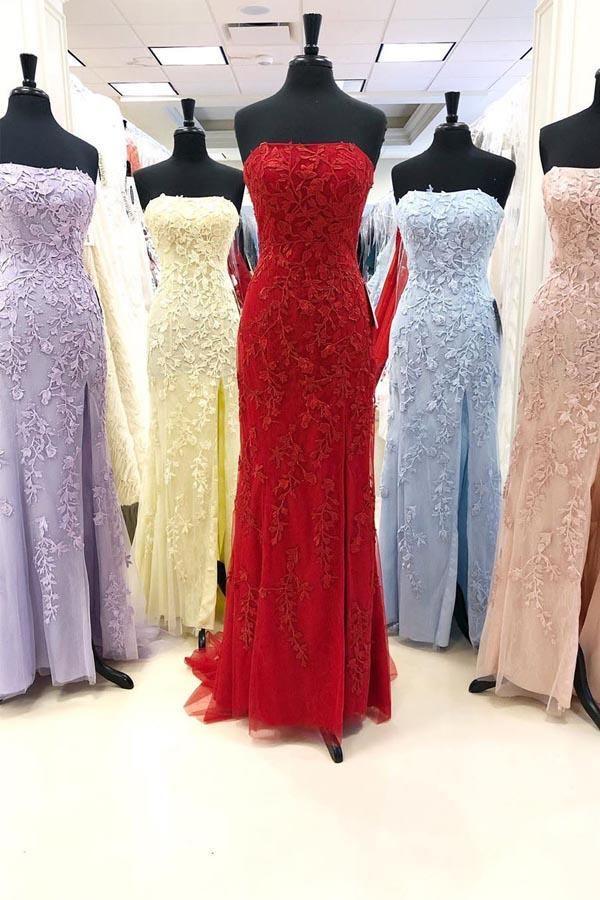 Elegant Fuchsia Strapless Lace Appliques Long Prom Dresses with Split PSK021 - Pgmdress