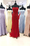Elegant Fuchsia Strapless Lace Appliques Long Prom Dresses with Split PSK021 - Pgmdress