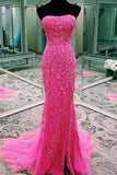 Elegant Fuchsia Strapless Lace Appliques Long Prom Dresses with Split PSK021