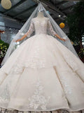 Elegant Half Sleeves Ball Gown Lace Layer Wedding Dress WD380 - Pgmdress