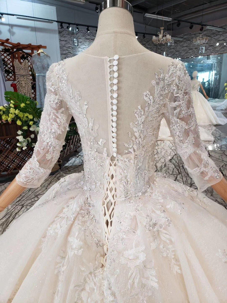 Elegant Half Sleeves Ball Gown Lace Layer Wedding Dress WD380 - Pgmdress