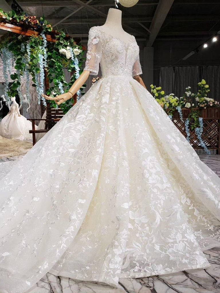 Elegant Half Sleeves Ball Gown Lace Sweetheart Wedding Dress WD379 - Pgmdress