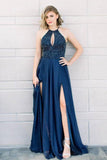Elegant Halter Beaded Navy Blue Long Prom Dresses with Split PG874 - Pgmdress