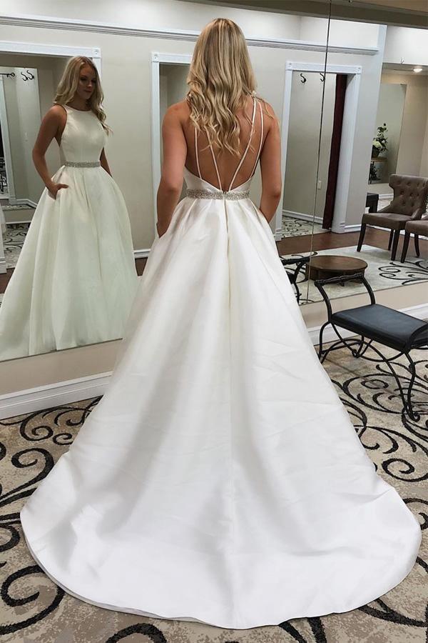 Elegant Jewel Sleeveless Sweep Train Wedding Dress with Pockets WD501 - Pgmdress