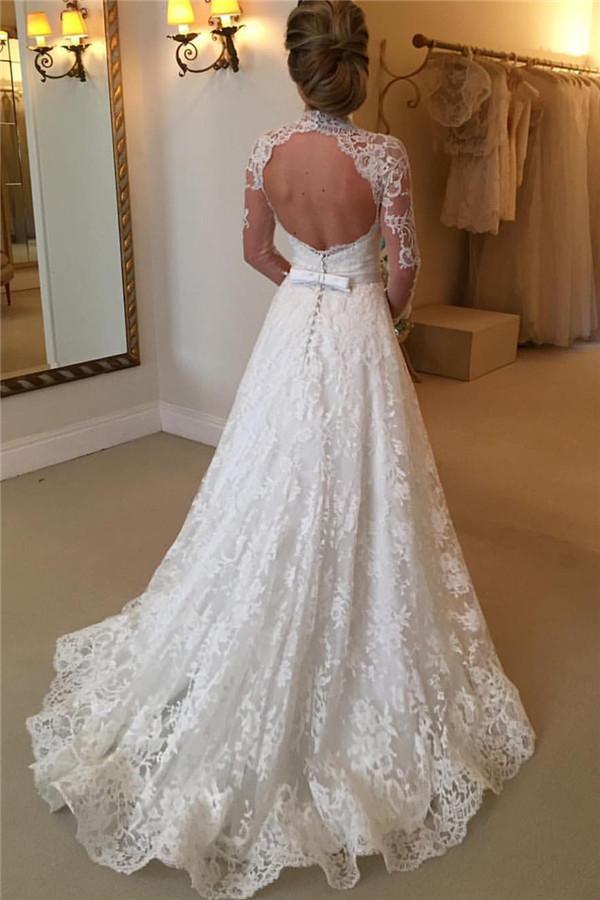 Elegant Lace A-line Long Sleeve High Neck Wedding Dresses WD032 - Pgmdress