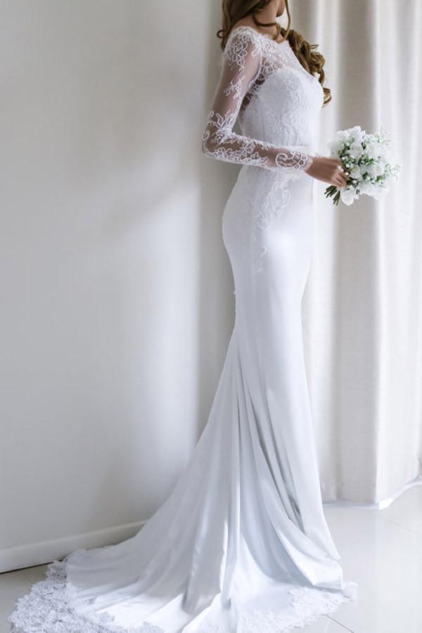 Elegant Lace Long Sleeves Mermaid White Long Wedding Dress with Train WD110 - Pgmdress