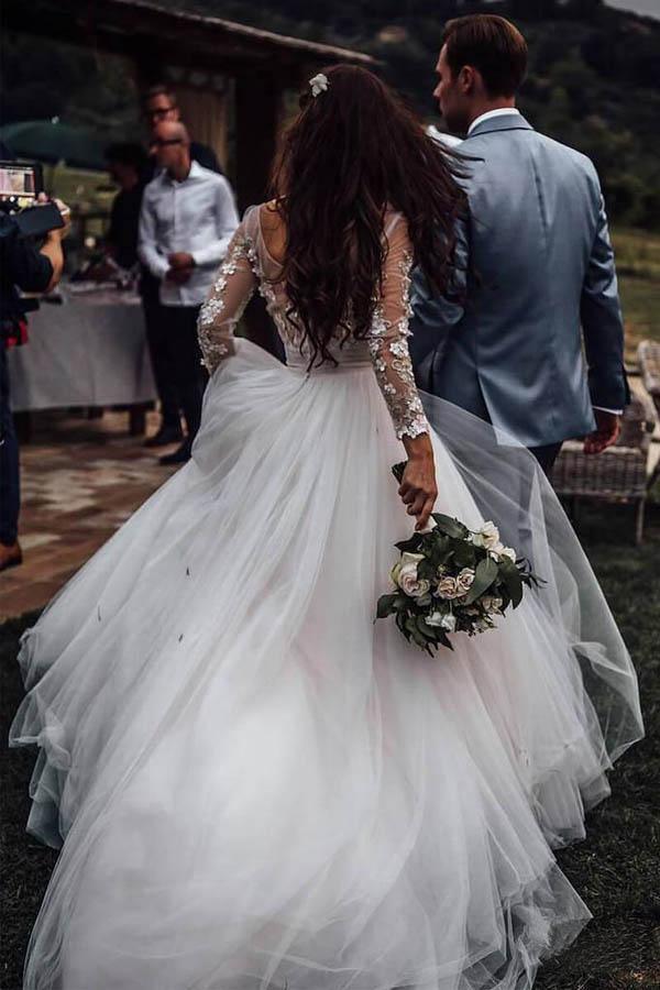 Long Sleeves Tulle Wedding Dresses Bridal Gowns With Lace Applique –  Pgmdress