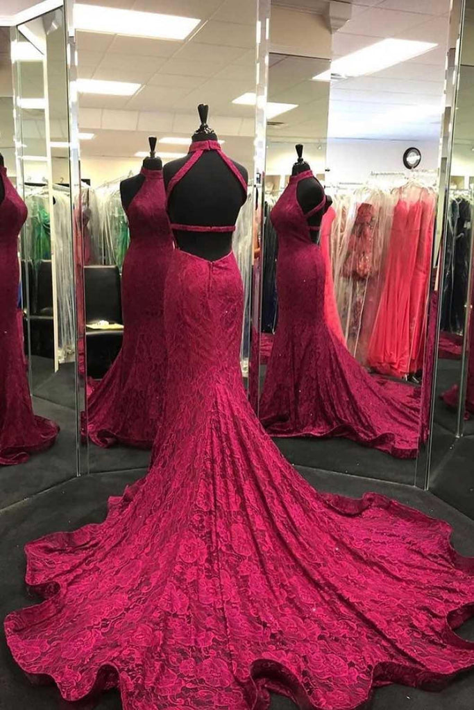 Elegant Mermaid Halter Neck Burgundy Lace Prom Dress Evening Dress PSK218 - Pgmdress