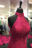 Elegant Mermaid Halter Neck Burgundy Lace Prom Dress Evening Dress PSK218 - Pgmdress
