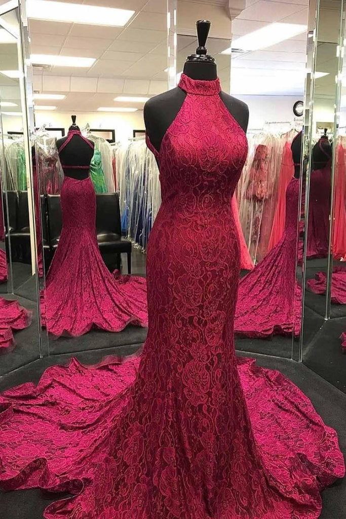 Elegant Mermaid Halter Neck Burgundy Lace Prom Dress Evening Dress –  Pgmdress