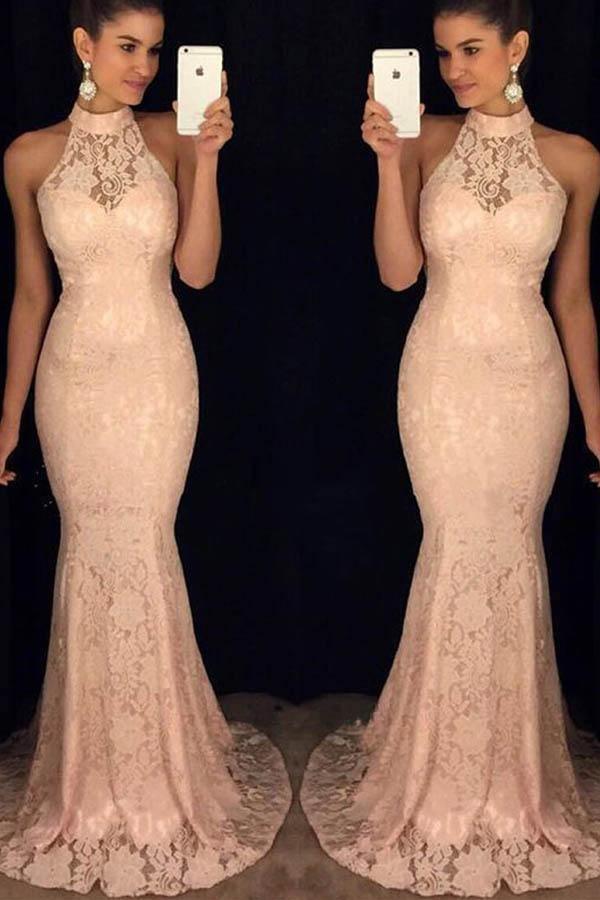 Elegant Mermaid Halter Open Back Peach Lace Long Prom Dresses PG766 - Pgmdress