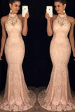 Elegant Mermaid Halter Open Back Peach Lace Long Prom Dresses PG766